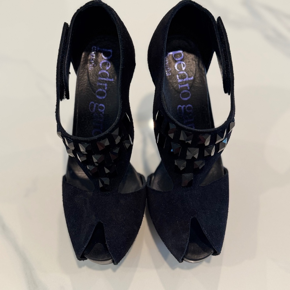 Pedro Garcia “Precious” Black Suede Open-Toe Heels – Size 5.5 US – Pre-Owned